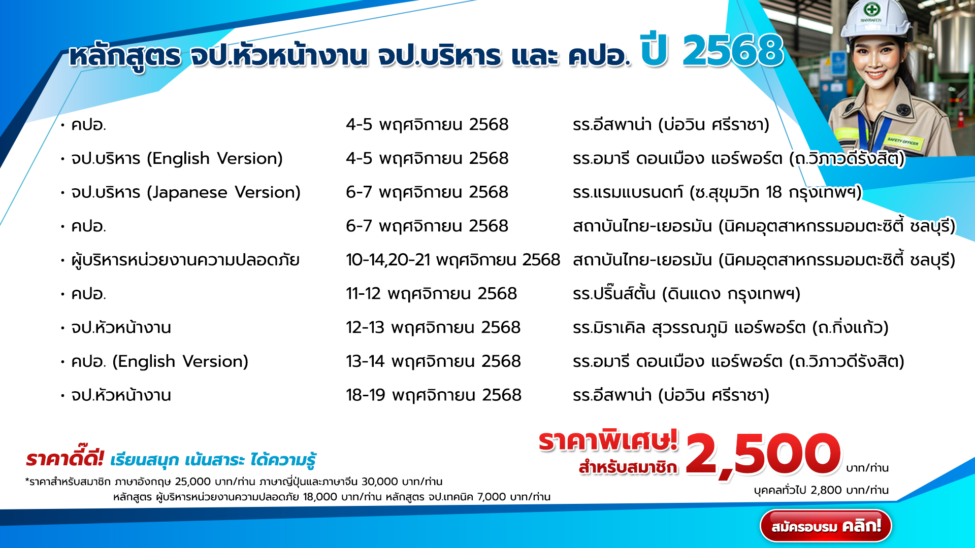 แผนการจัดอบรมหลักสูตร จป.หัวหน้างาน จป.บริหาร และ คปอ. ปี 2568