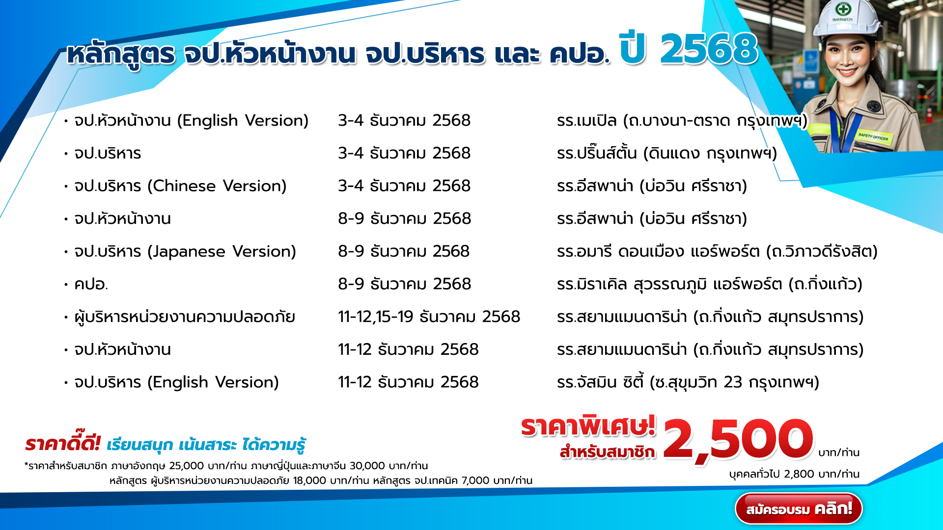 แผนการจัดอบรมหลักสูตร จป.หัวหน้างาน จป.บริหาร และ คปอ. ปี 2568