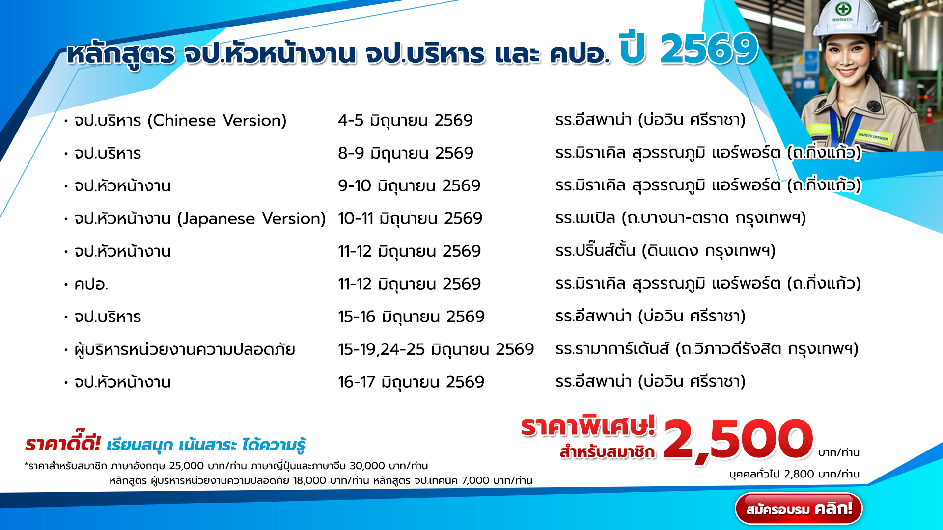 แผนการจัดอบรมหลักสูตร จป.หัวหน้างาน จป.บริหาร และ คปอ. ปี 2569