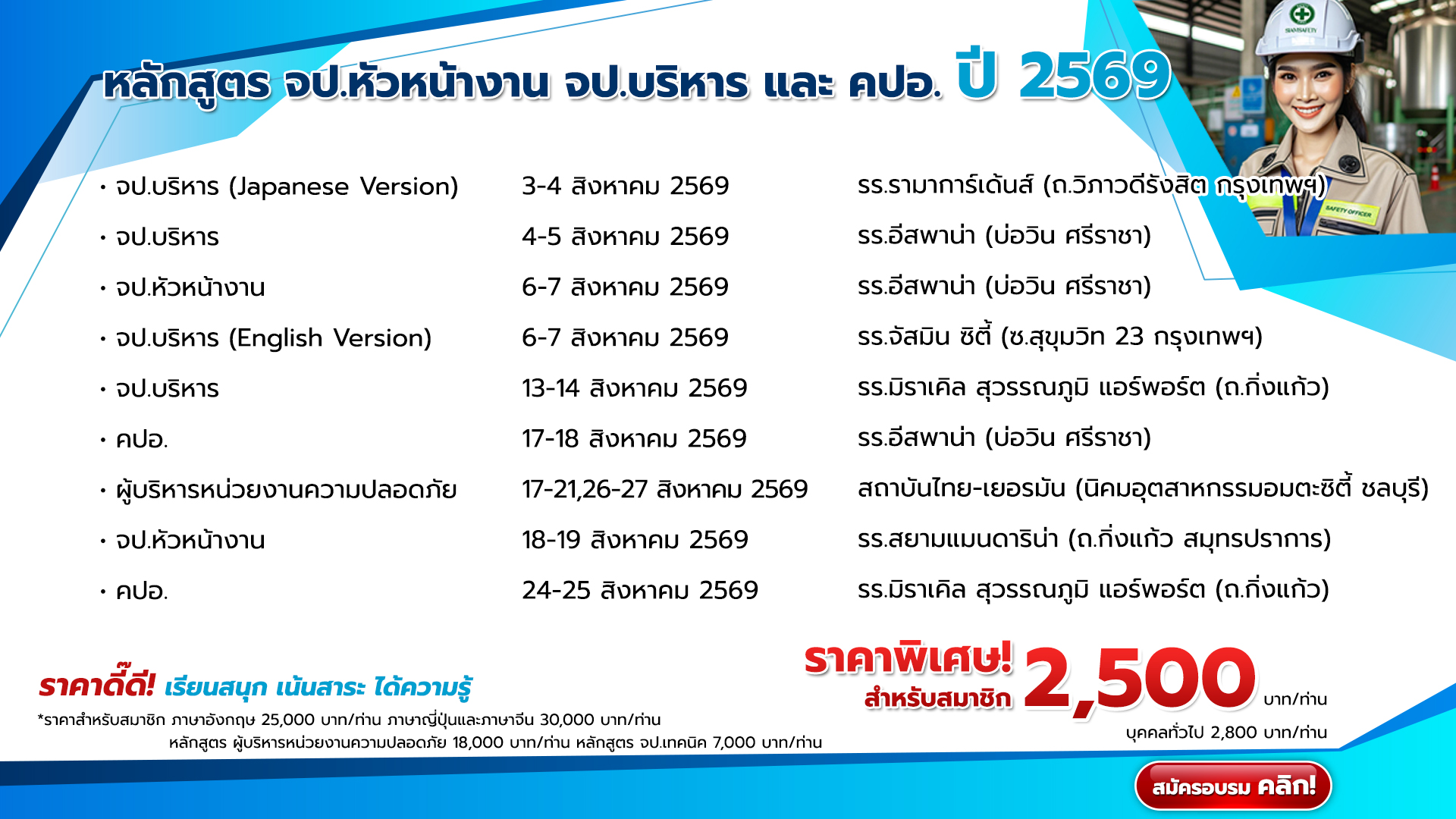 แผนการจัดอบรมหลักสูตร จป.หัวหน้างาน จป.บริหาร และ คปอ. ปี 2569
