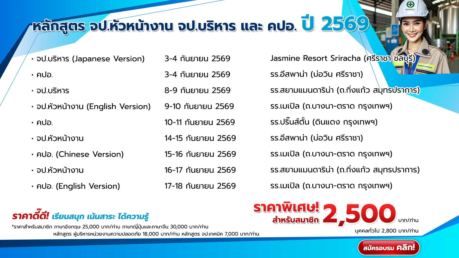 แผนการจัดอบรมหลักสูตร จป.หัวหน้างาน จป.บริหาร และ คปอ. ปี 2569