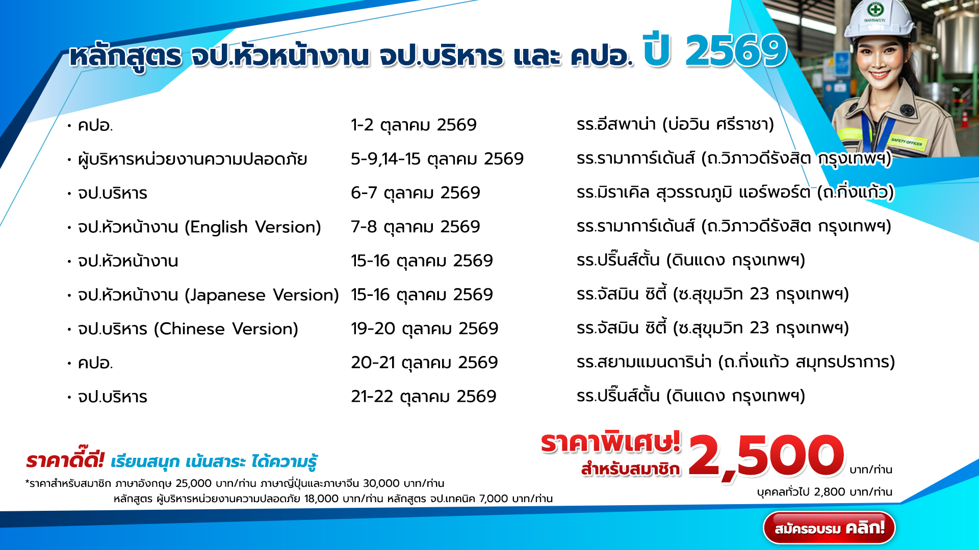 แผนการจัดอบรมหลักสูตร จป.หัวหน้างาน จป.บริหาร และ คปอ. ปี 2569