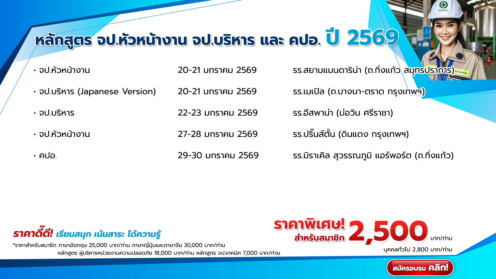 แผนการจัดอบรมหลักสูตร จป.หัวหน้างาน จป.บริหาร และ คปอ. ปี 2569