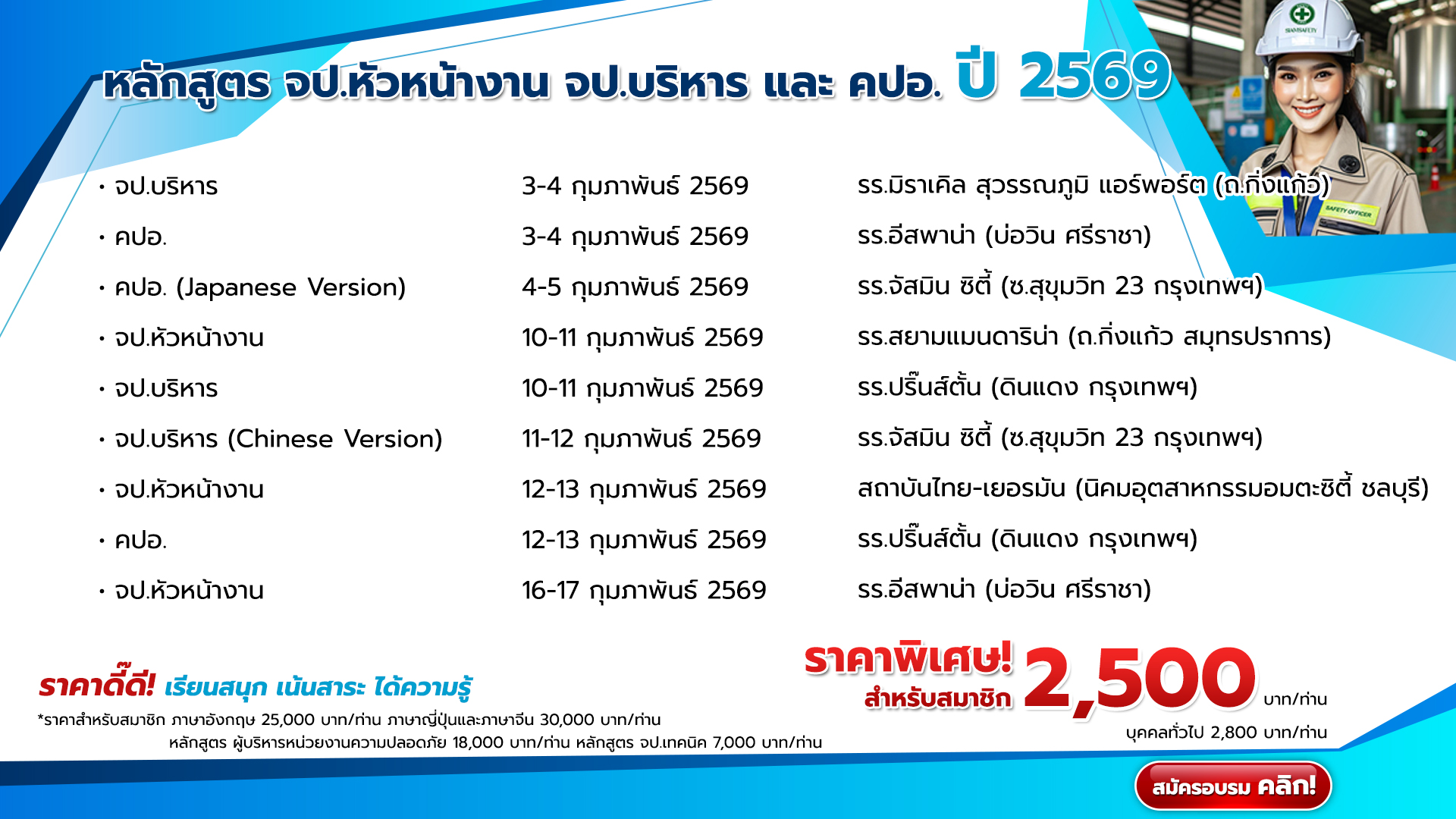 แผนการจัดอบรมหลักสูตร จป.หัวหน้างาน จป.บริหาร และ คปอ. ปี 2569