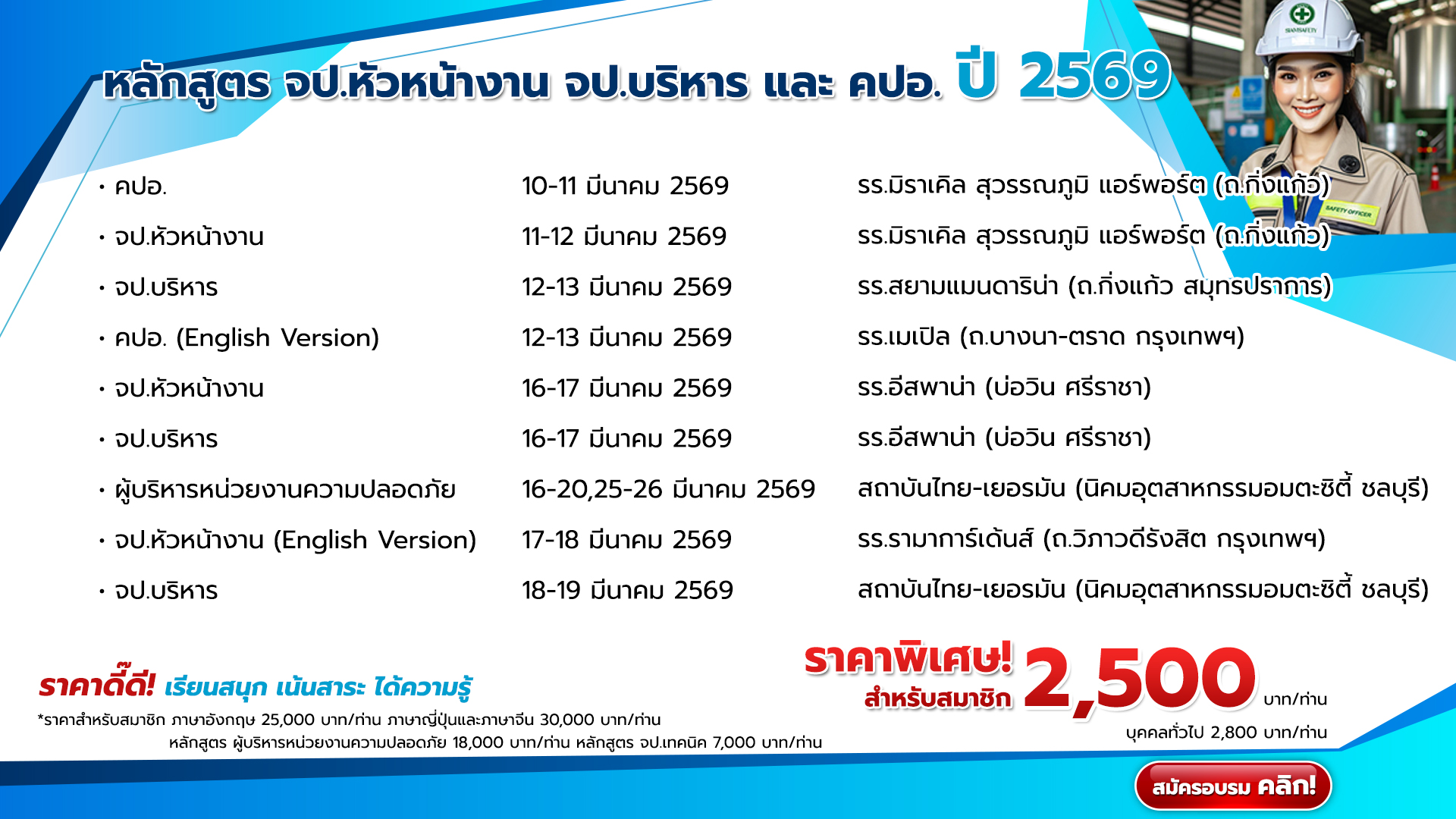 แผนการจัดอบรมหลักสูตร จป.หัวหน้างาน จป.บริหาร และ คปอ. ปี 2569