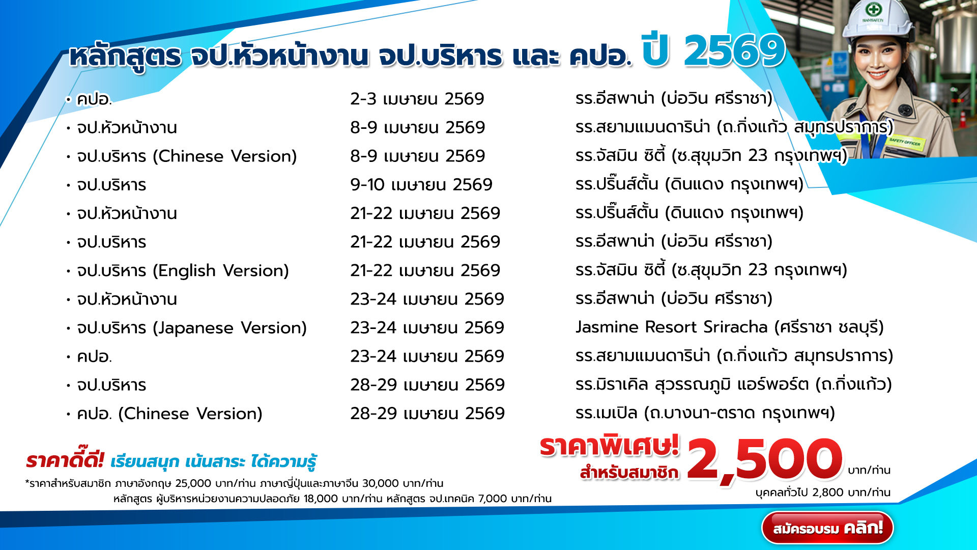 แผนการจัดอบรมหลักสูตร จป.หัวหน้างาน จป.บริหาร และ คปอ. ปี 2569