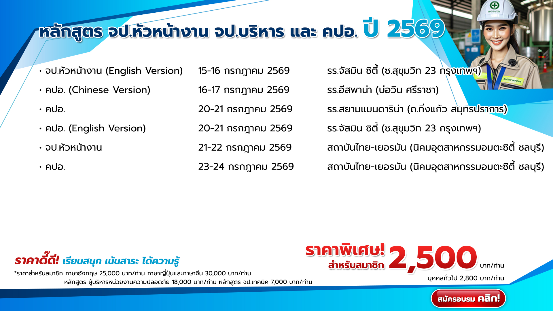 แผนการจัดอบรมหลักสูตร จป.หัวหน้างาน จป.บริหาร และ คปอ. ปี 2569