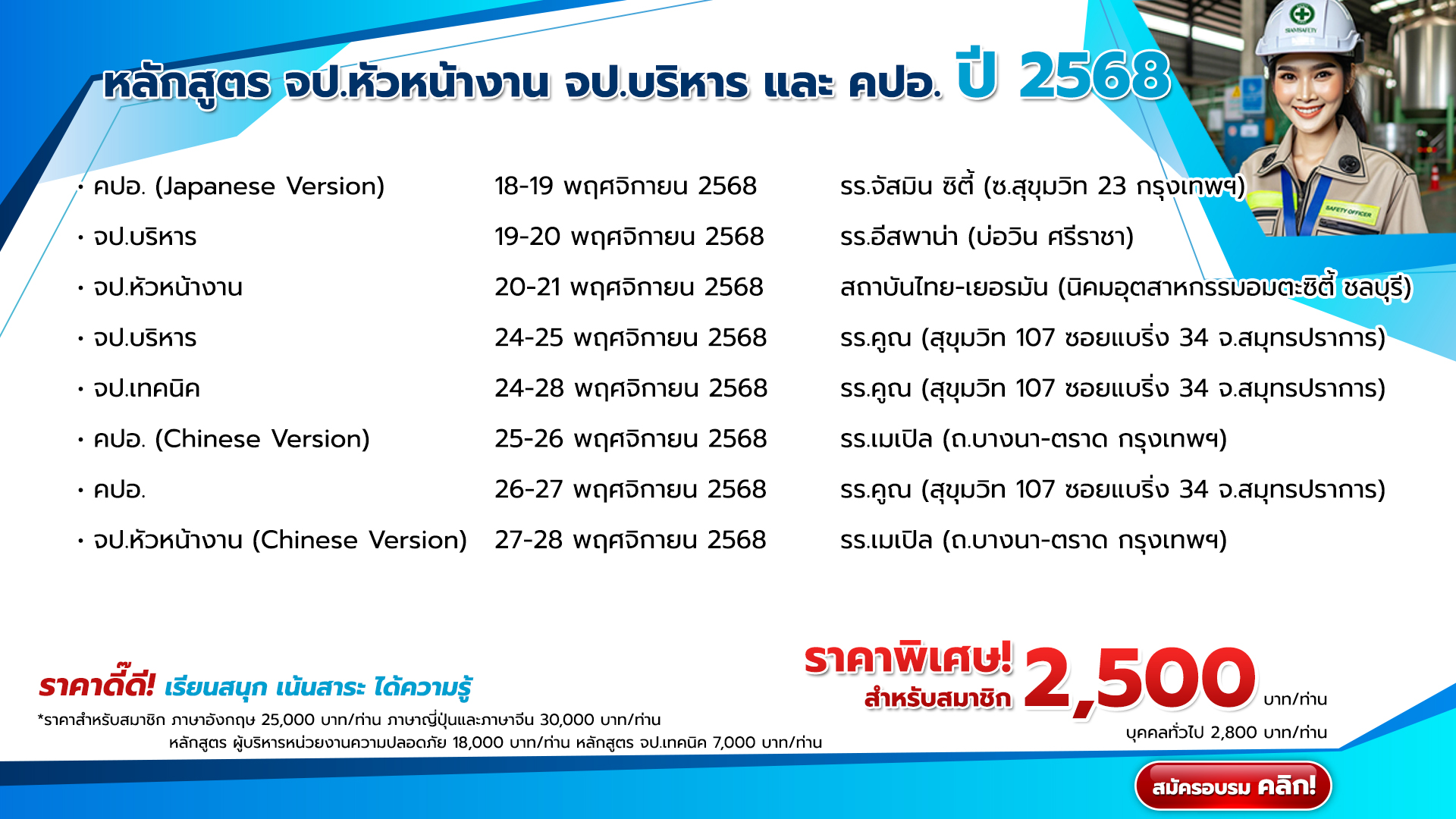 แผนการจัดอบรมหลักสูตร จป.หัวหน้างาน จป.บริหาร และ คปอ. ปี 2568